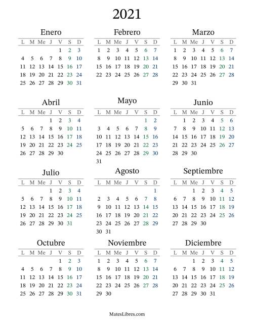 La hoja de ejercicios de Calendario del Año 2021 con el lunes com primer día (2021)