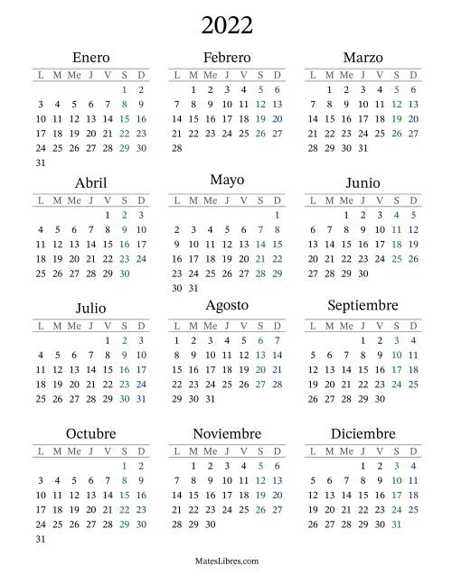 La hoja de ejercicios de Calendario del Año 2022 con el lunes com primer día (2022)