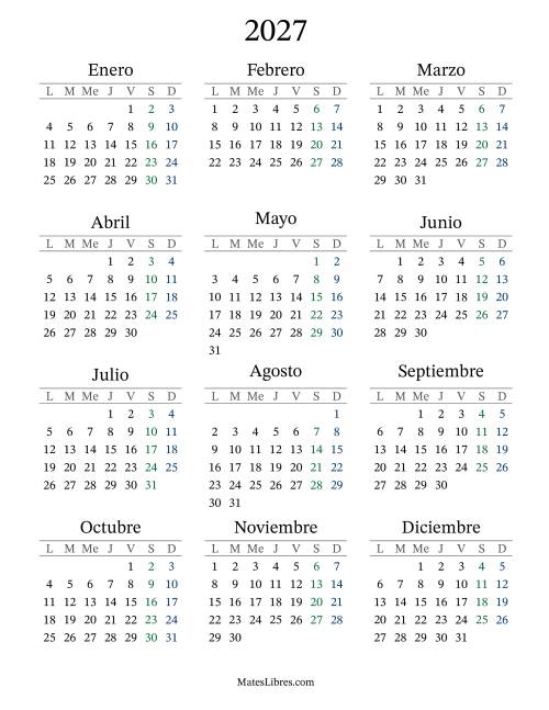 La hoja de ejercicios de Calendario del Año 2027 con el lunes com primer día (2027)