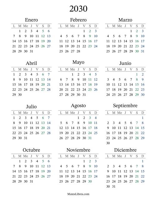 La hoja de ejercicios de Calendario del Año 2030 con el lunes com primer día (2030)