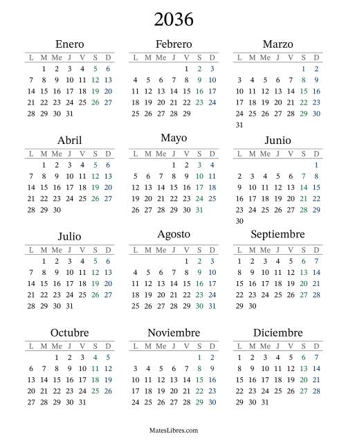 La hoja de ejercicios de Calendario del Año 2036 con el lunes com primer día (2036)