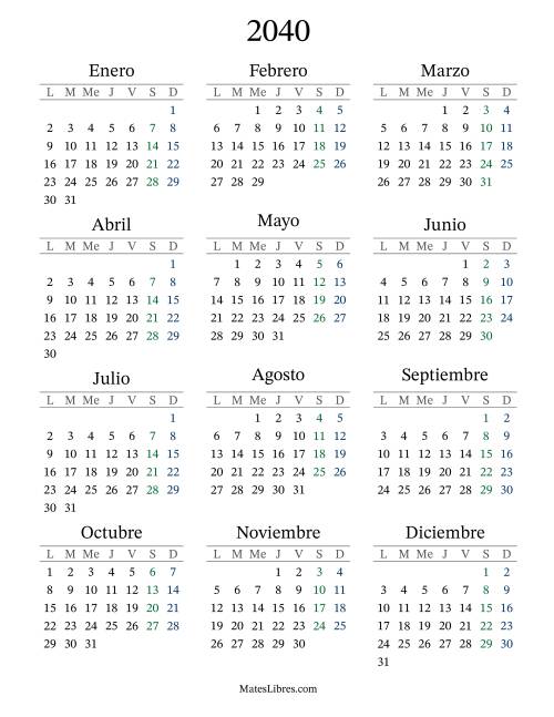 La hoja de ejercicios de Calendario del Año 2040 con el lunes com primer día (2040)