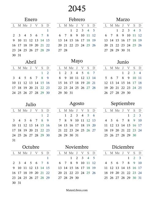 La hoja de ejercicios de Calendario del Año 2045 con el lunes com primer día (2045)
