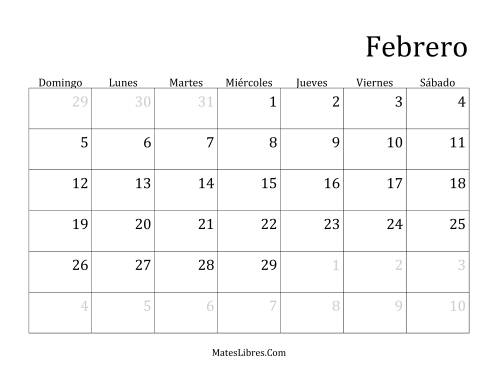 La hoja de ejercicios de Calendario Mensual de Años que comienzan en Domingo (Bisiesto) (A) Página 2