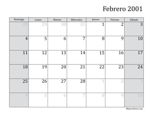 La hoja de ejercicios de Calendario Mensual de 2001 Página 2