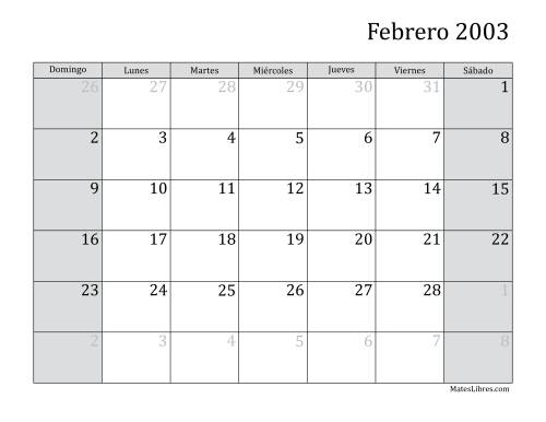 La hoja de ejercicios de Calendario Mensual de 2003 Página 2