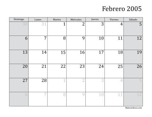 La hoja de ejercicios de Calendario Mensual de 2005 Página 2