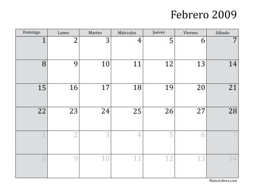 La hoja de ejercicios de Calendario Mensual de 2009 Página 2
