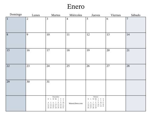 La hoja de ejercicios de Calendario Mensual Rellenable General bisiesto con el 1 de Enero que cae en Domingo (Formato de Domingo a Sábado) (Domingo)