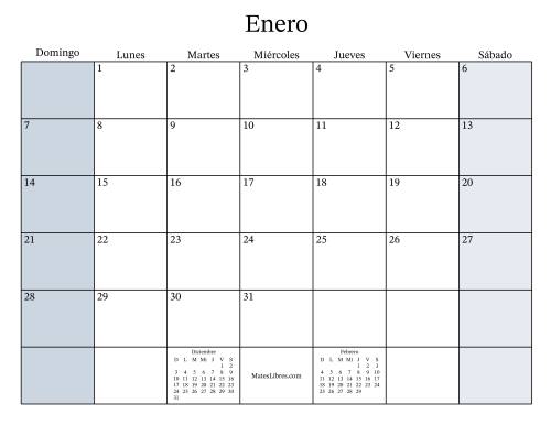 La hoja de ejercicios de Calendario Mensual Rellenable General bisiesto con el 1 de Enero que cae en Lunes (Formato de Domingo a Sábado) (Lunes)