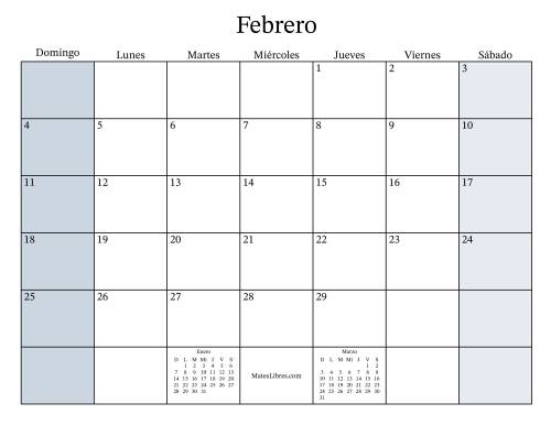 La hoja de ejercicios de Calendario Mensual Rellenable General bisiesto con el 1 de Enero que cae en Lunes (Formato de Domingo a Sábado) (Lunes) Página 2