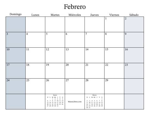 La hoja de ejercicios de Calendario Mensual Rellenable General bisiesto con el 1 de Enero que cae en Martes (Formato de Domingo a Sábado) (Martes) Página 2