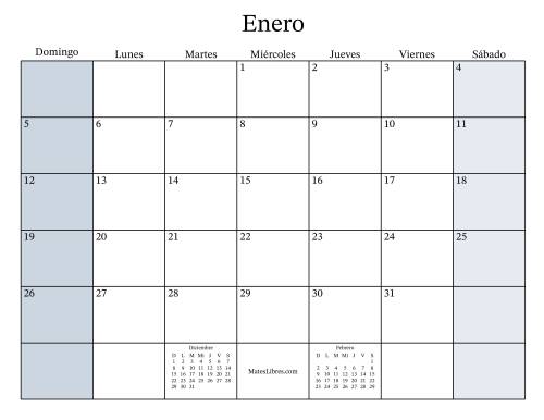 La hoja de ejercicios de Calendario Mensual Rellenable General bisiesto con el 1 de Enero que cae en Miércoles (Formato de Domingo a Sábado) (Miércoles)