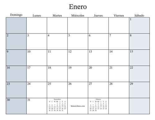 La hoja de ejercicios de Calendario Mensual Rellenable General bisiesto con el 1 de Enero que cae en Sábado (Formato de Domingo a Sábado) (Sábado)