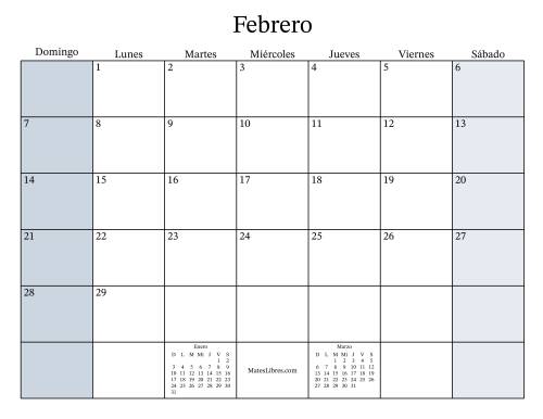 La hoja de ejercicios de Calendario Mensual Rellenable General bisiesto con el 1 de Enero que cae en Viernes (Formato de Domingo a Sábado) (Viernes) Página 2
