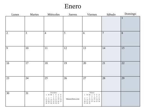 La hoja de ejercicios de Calendario Mensual Rellenable General bisiesto con el 1 de Enero que cae en Domingo (Formato de Lunes a Domingo) (Domingo)