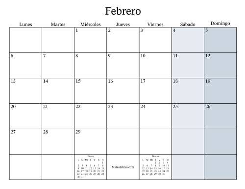 La hoja de ejercicios de Calendario Mensual Rellenable General bisiesto con el 1 de Enero que cae en Domingo (Formato de Lunes a Domingo) (Domingo) Página 2