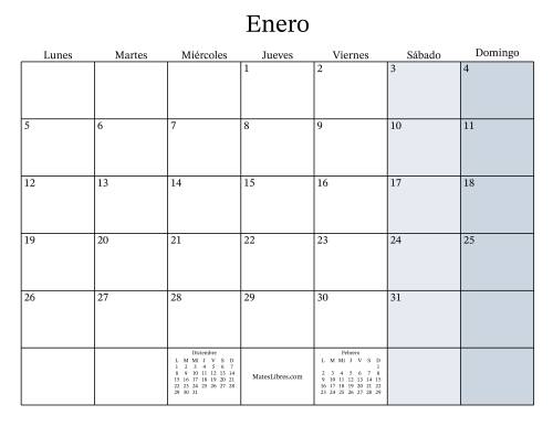 La hoja de ejercicios de Calendario Mensual Rellenable General bisiesto con el 1 de Enero que cae en Jueves (Formato de Lunes a Domingo) (Jueves)
