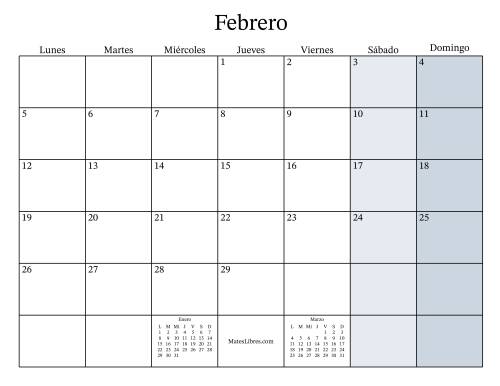 La hoja de ejercicios de Calendario Mensual Rellenable General bisiesto con el 1 de Enero que cae en Lunes (Formato de Lunes a Domingo) (Lunes) Página 2