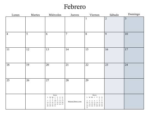 La hoja de ejercicios de Calendario Mensual Rellenable General bisiesto con el 1 de Enero que cae en Martes (Formato de Lunes a Domingo) (Martes) Página 2