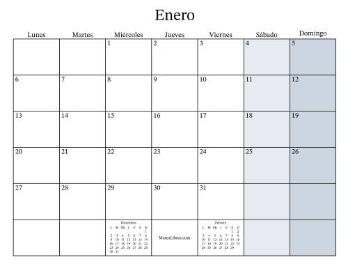 La hoja de ejercicios de Calendario Mensual Rellenable General bisiesto con el 1 de Enero que cae en Miércoles (Formato de Lunes a Domingo) (Miércoles)