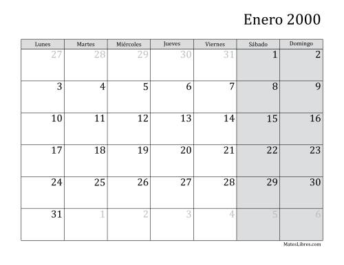 La hoja de ejercicios de Calendario Mensual de 2000 con el Lunes como primer día de la semana