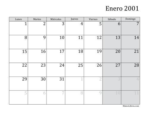 La hoja de ejercicios de Calendario Mensual de 2001 con el Lunes como primer día de la semana