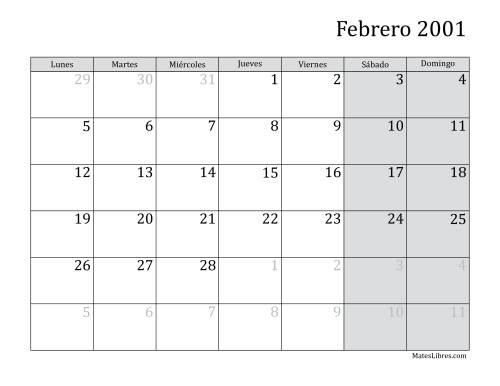 La hoja de ejercicios de Calendario Mensual de 2001 con el Lunes como primer día de la semana Página 2