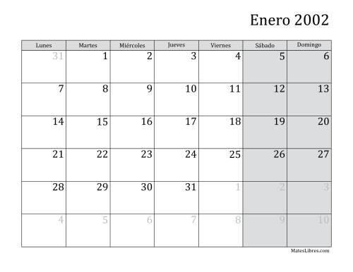 La hoja de ejercicios de Calendario Mensual de 2002 con el Lunes como primer día de la semana