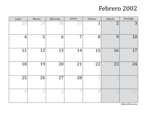 La hoja de ejercicios de Calendario Mensual de 2002 con el Lunes como primer día de la semana Página 2