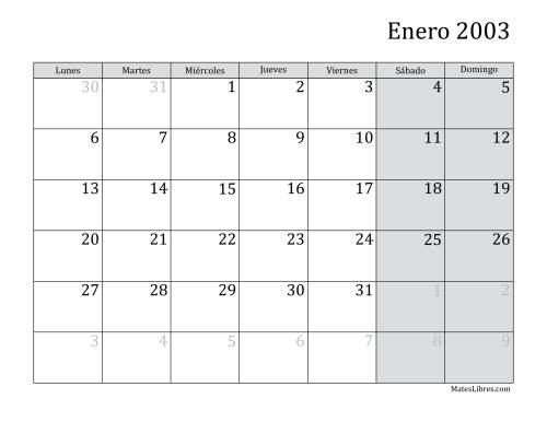 La hoja de ejercicios de Calendario Mensual de 2003 con el Lunes como primer día de la semana