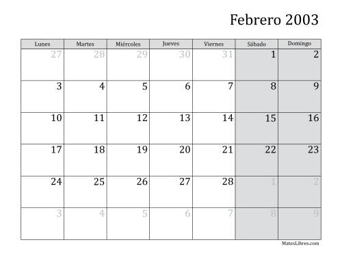 La hoja de ejercicios de Calendario Mensual de 2003 con el Lunes como primer día de la semana Página 2