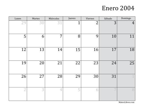 La hoja de ejercicios de Calendario Mensual de 2004 con el Lunes como primer día de la semana