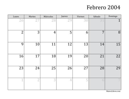 La hoja de ejercicios de Calendario Mensual de 2004 con el Lunes como primer día de la semana Página 2