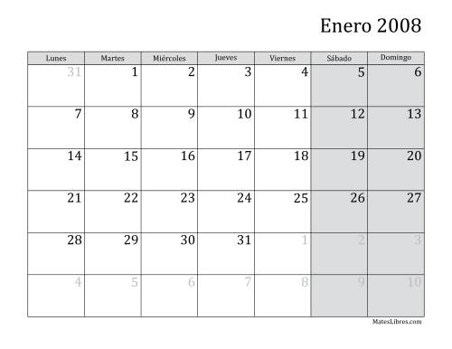 La hoja de ejercicios de Calendario Mensual de 2008 con el Lunes como primer día de la semana