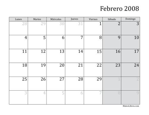 La hoja de ejercicios de Calendario Mensual de 2008 con el Lunes como primer día de la semana Página 2