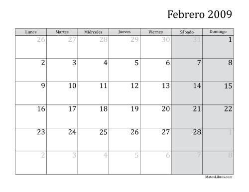 La hoja de ejercicios de Calendario Mensual de 2009 con el Lunes como primer día de la semana Página 2