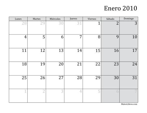 La hoja de ejercicios de Calendario Mensual de 2010 con el Lunes como primer día de la semana