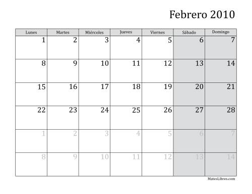La hoja de ejercicios de Calendario Mensual de 2010 con el Lunes como primer día de la semana Página 2
