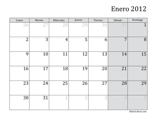 La hoja de ejercicios de Calendario Mensual de 2012 con el Lunes como primer día de la semana
