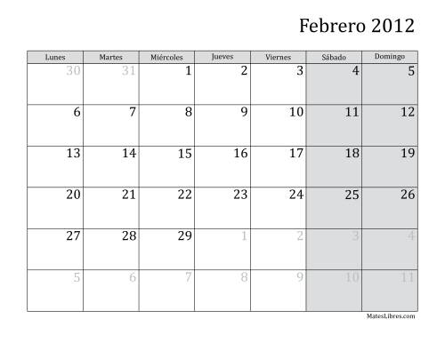 La hoja de ejercicios de Calendario Mensual de 2012 con el Lunes como primer día de la semana Página 2