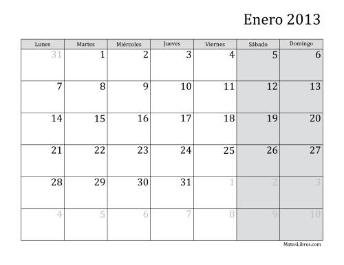 La hoja de ejercicios de Calendario Mensual de 2013 con el Lunes como primer día de la semana