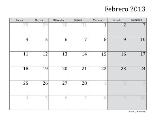 La hoja de ejercicios de Calendario Mensual de 2013 con el Lunes como primer día de la semana Página 2