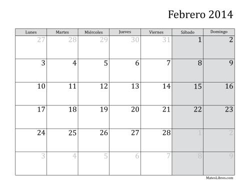 La hoja de ejercicios de Calendario Mensual de 2014 con el Lunes como primer día de la semana Página 2
