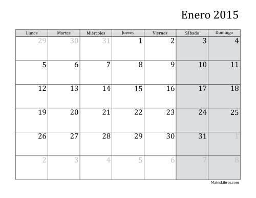 La hoja de ejercicios de Calendario Mensual de 2015 con el Lunes como primer día de la semana (2015)