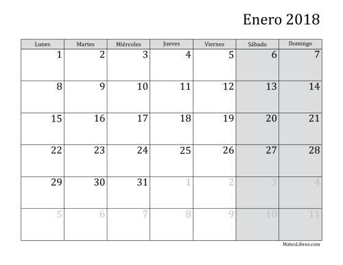 La hoja de ejercicios de Calendario Mensual de 2018 con el Lunes como primer día de la semana