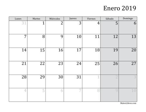 La hoja de ejercicios de Calendario Mensual de 2019 con el Lunes como primer día de la semana