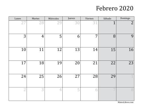 La hoja de ejercicios de Calendario Mensual de 2020 con el Lunes como primer día de la semana Página 2
