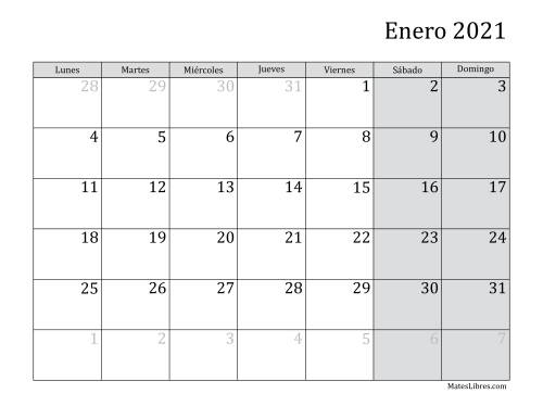 La hoja de ejercicios de Calendario Mensual de 2021 con el Lunes como primer día de la semana