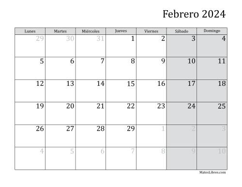 La hoja de ejercicios de Calendario Mensual de 2024 con el Lunes como primer día de la semana Página 2